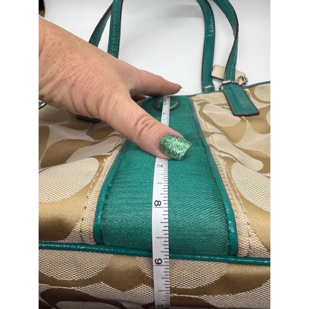 Coach F21949 Signature Stripe Carryall Khaki Jade Green Purse Near Mint - Picture 12 of 12